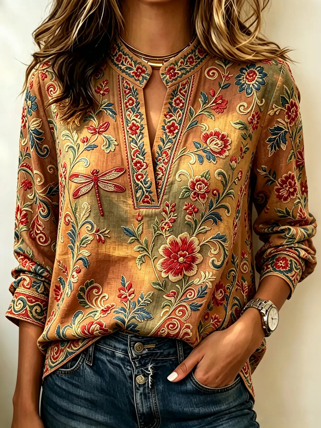 Women's Casual Floral And Dragonfly Pattern Artistic Art Print Cotton Shirts
