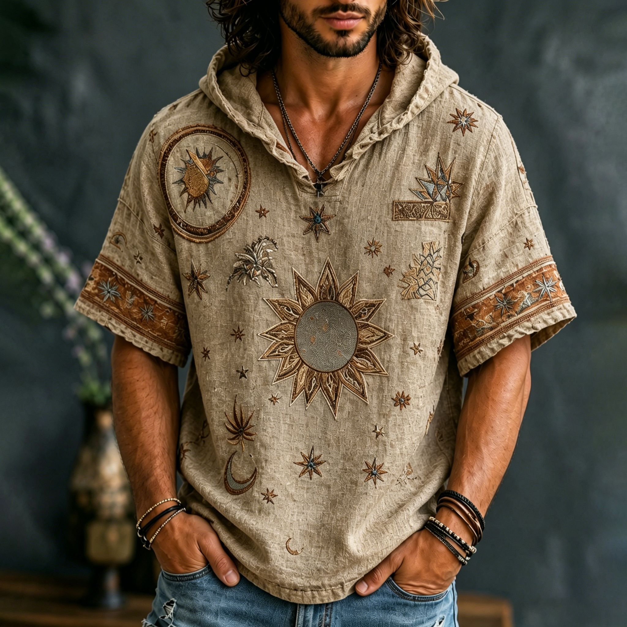 Men's Boho Hippie Art Sun And Moon Printed Casual Hooded T-shirt