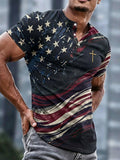 Men's American Flag Artistic Faith Waffle Henley Collar Short-Sleeve T-Shirt