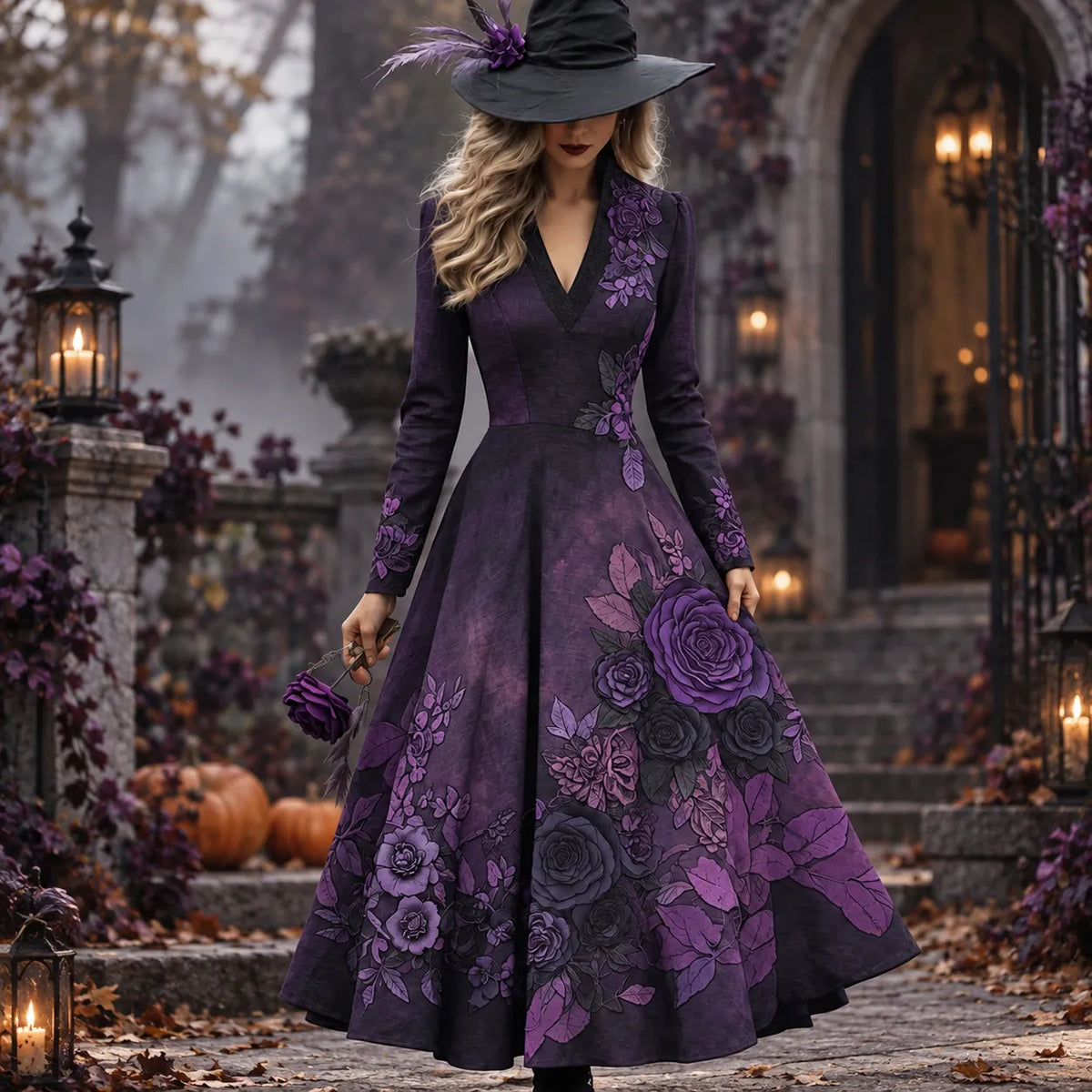 Women's Vintage Halloween Purple Rose Art Comfy Maxi Dress
