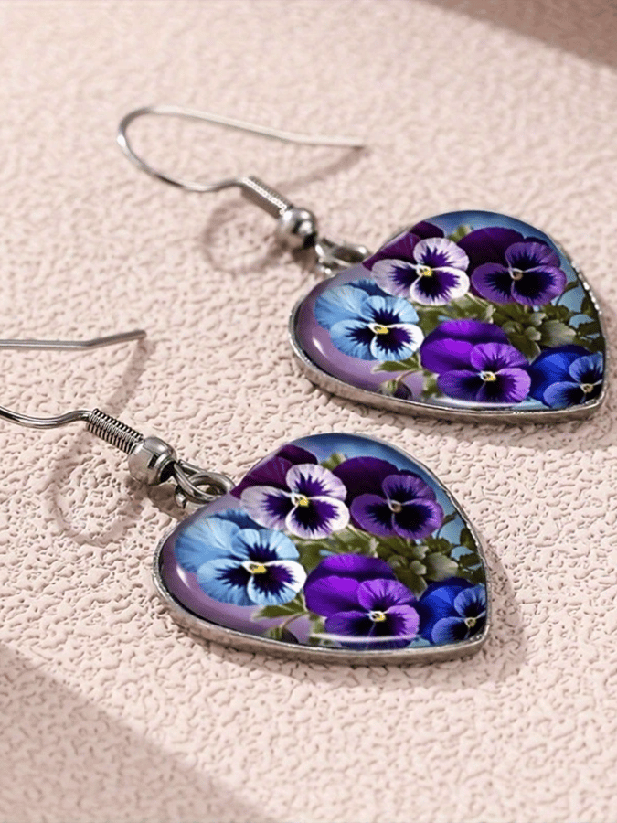 Purple Heart Pansy Design Earrings