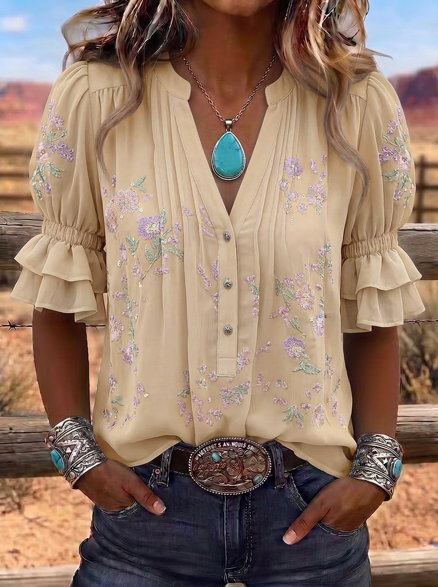 Women's Western Vintage Floral Embroidered Ruffle Sleeve Blouse