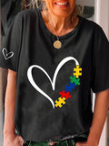 Women's Autism Heart Awareness Printed Casual T-Shirt