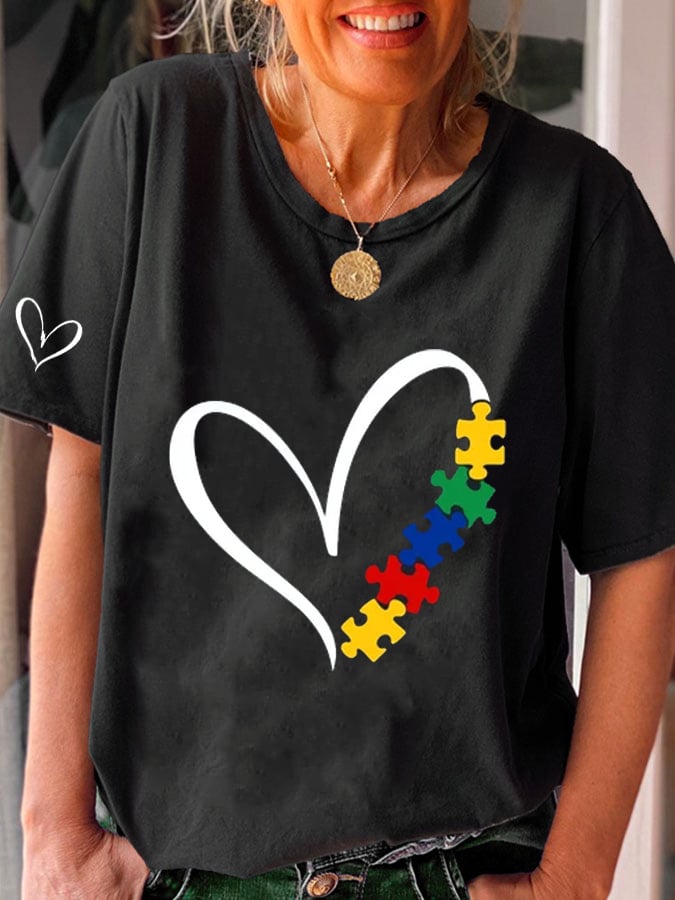 Women's Autism Heart Awareness Printed Casual T-Shirt