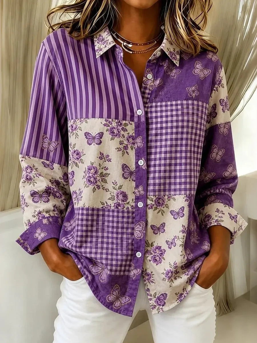 Women's Casual Floral Butterfly Striped Checkered Patchwork Shirt