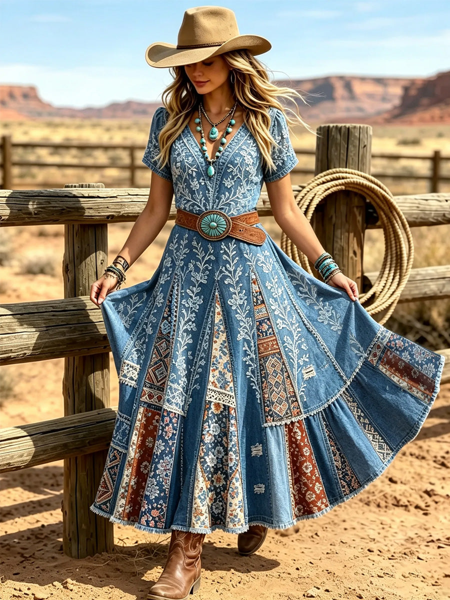 Women's Western Vintage Linen-Blend Maxi Dress
