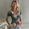 Women's Vintage Floral Embroidered Art Flowy V Neck Casual Tops