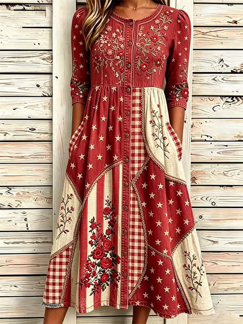 Women'S National flag floral patchwork Print Art Dress