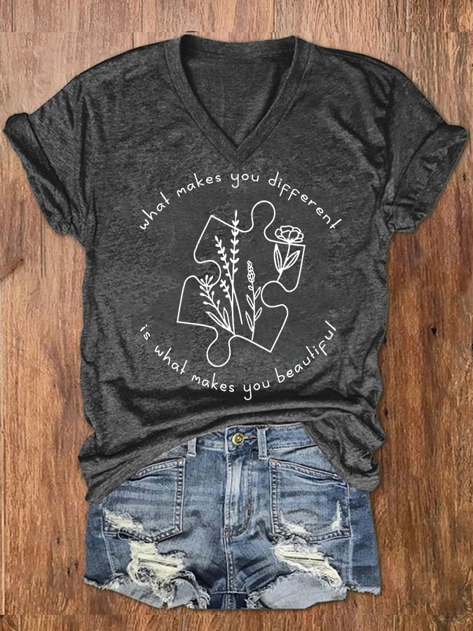 Women's What Makes You Different Is What Makes You Beautiful Autism Awareness V-Neck Tee