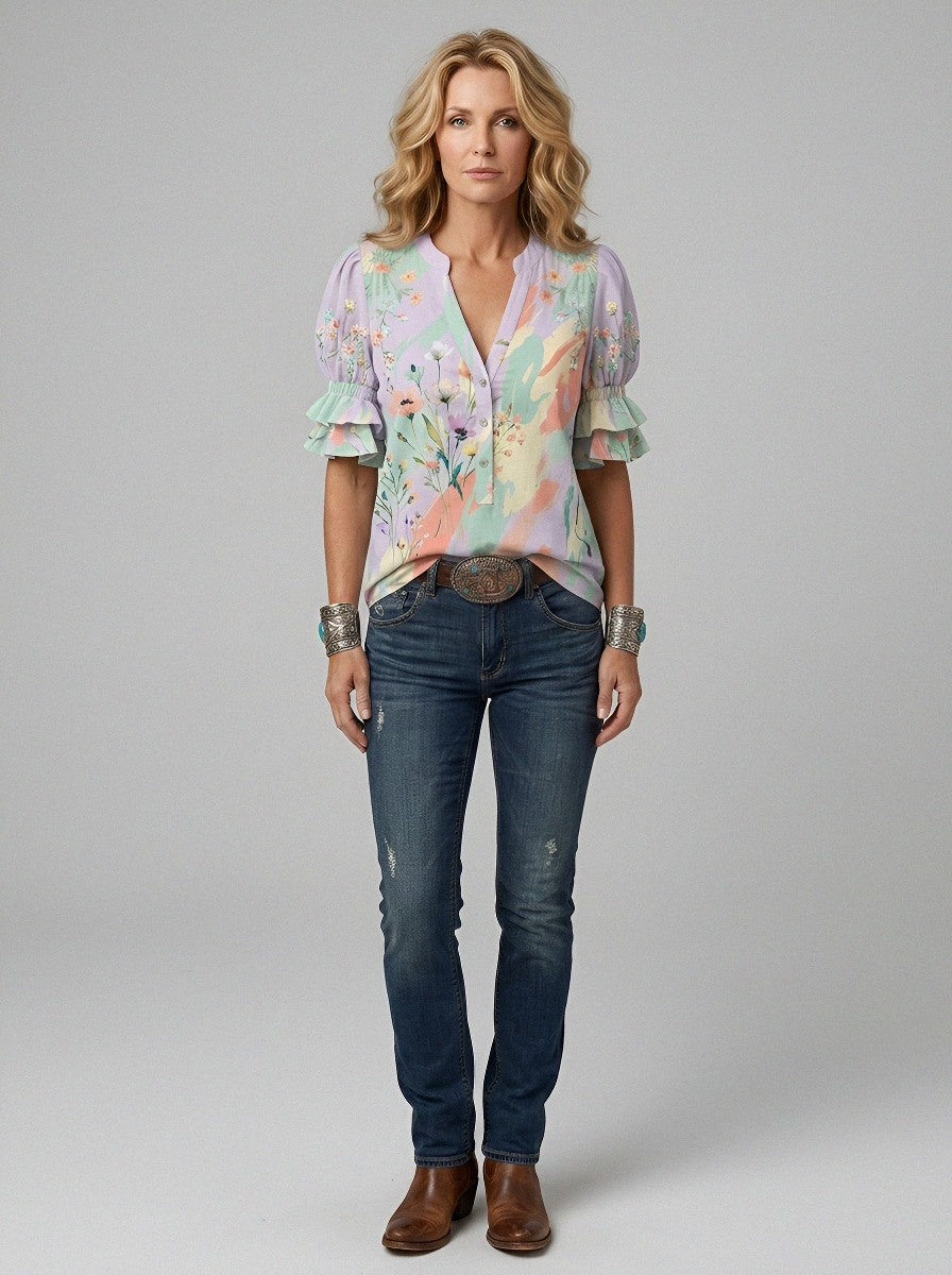 Women's Western Vintage Floral Watercolor Printed V-Neck Top