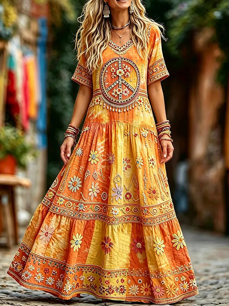 Women's Retro Hippie Peace Floral Art Short Sleeve  Casual Linen Blend Maxi Dress
