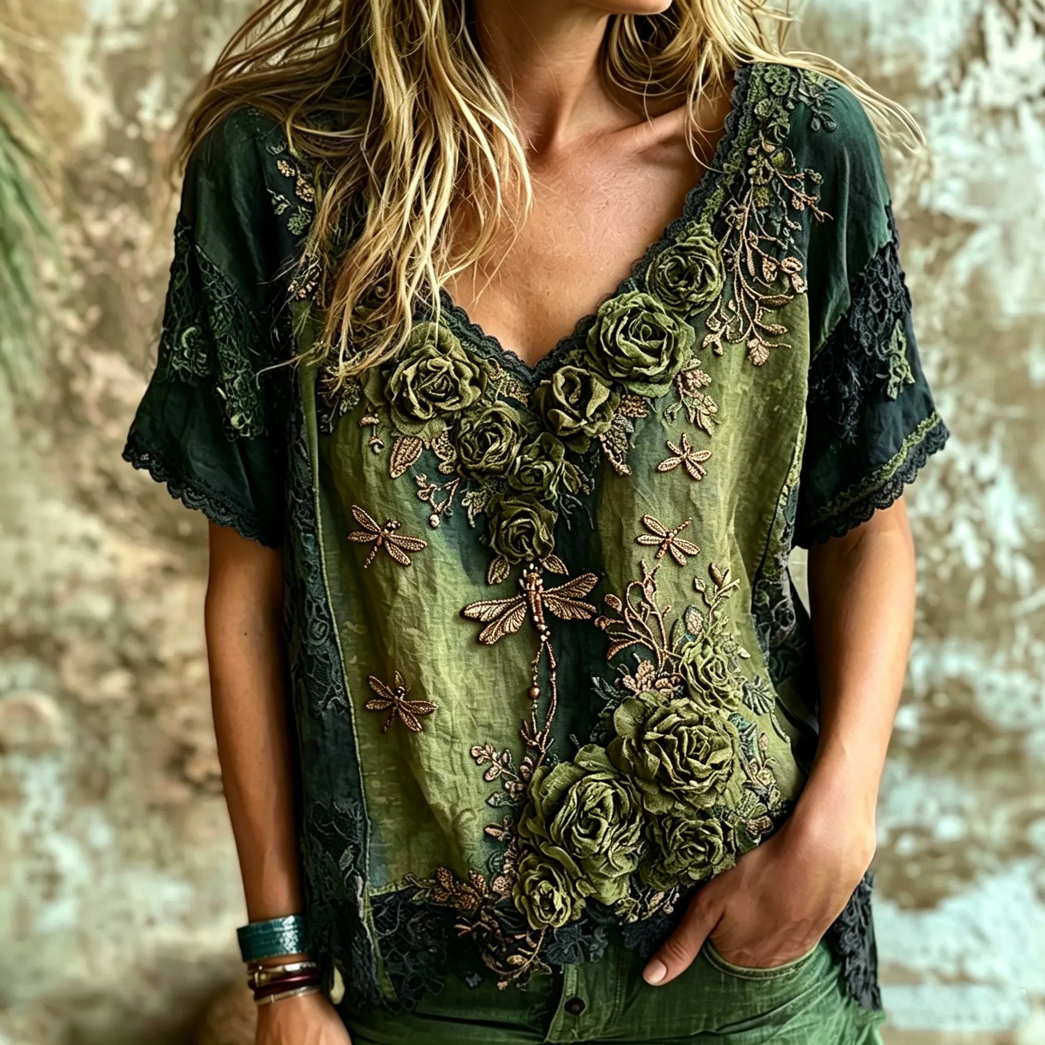 Women's Vintage Bohemian Rose And Dragonfly Embroidered Print Top