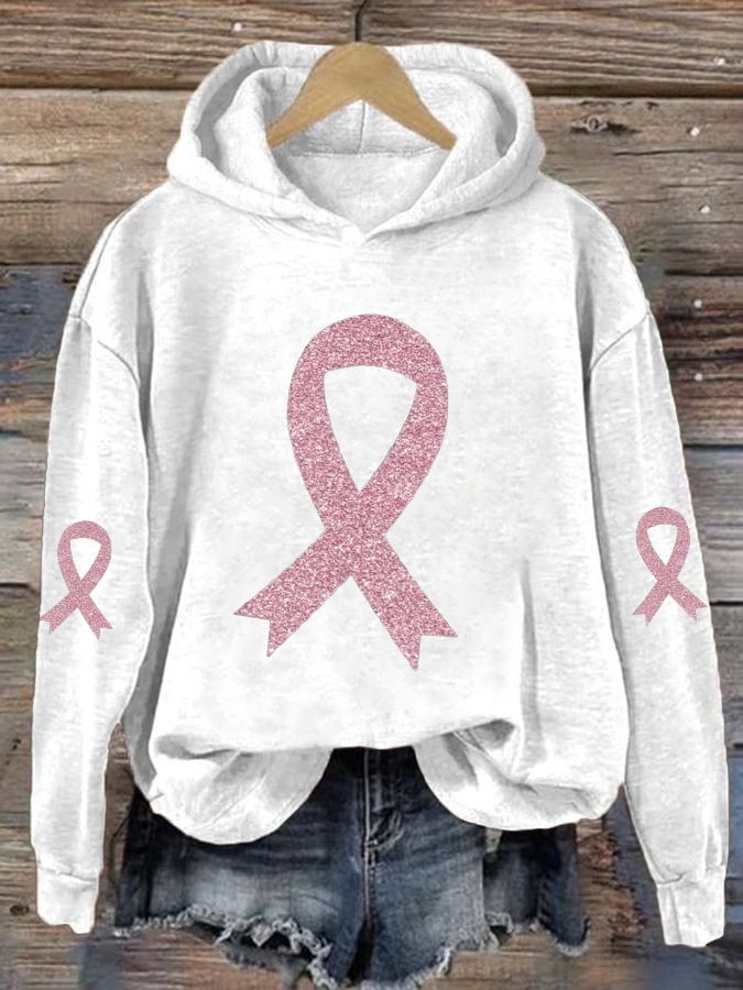 Womens Breast Cancer Sequin Pink Ribbon Hoodie