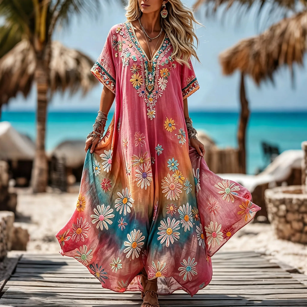 Women's Retro Hippie Floral Art Cotton Linen V-neck Short Sleeve Long Dress