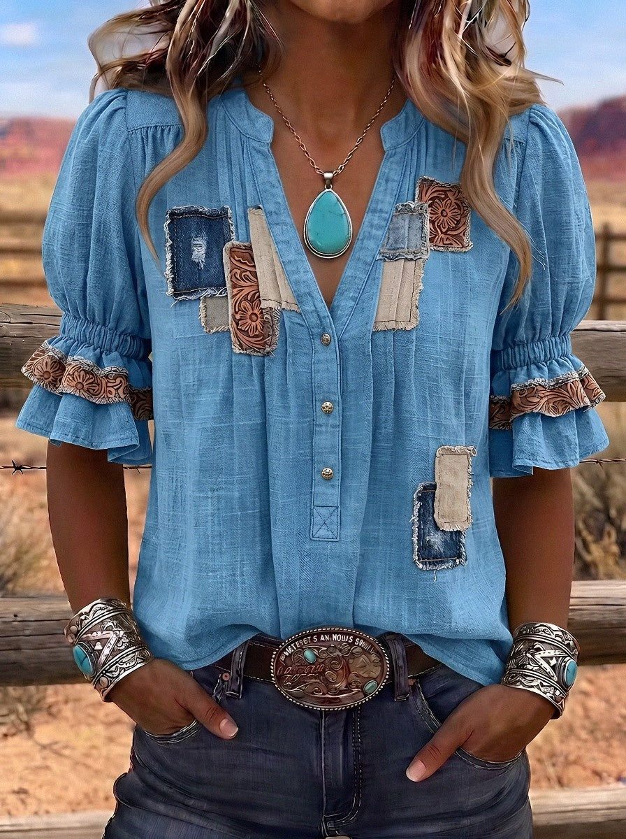 Women's Western Vintage Patchwork Floral Printed Top