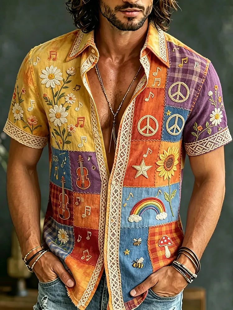 Men's Hippie Peace Symbol And Music Art Patchwork Casual Short Sleeve Shirt