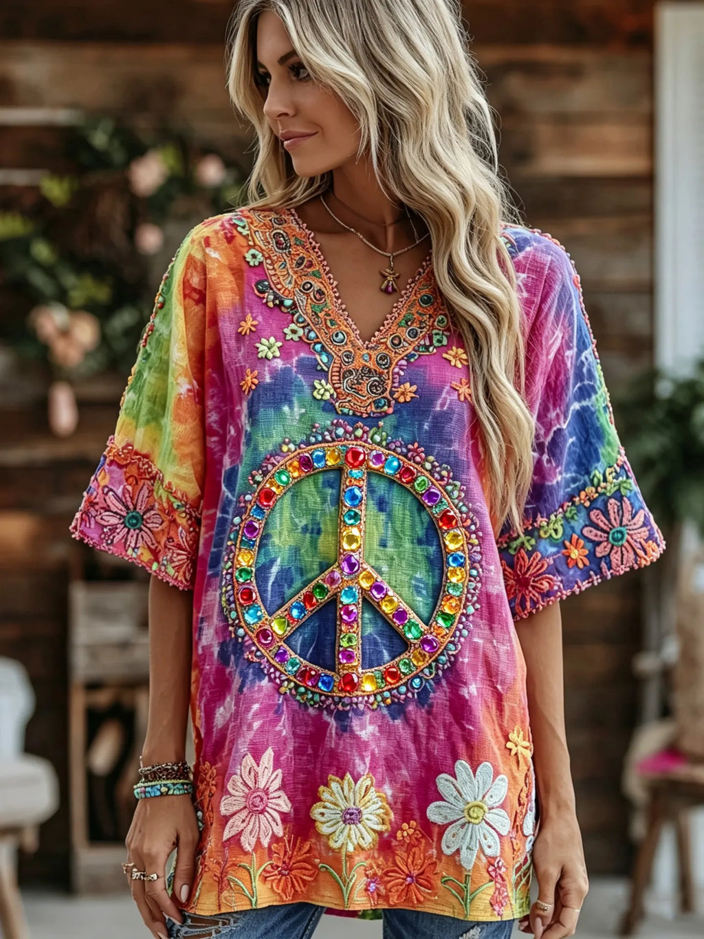 Women's Vintage Peace Symbol Floral Gradient Art Casual Shirt