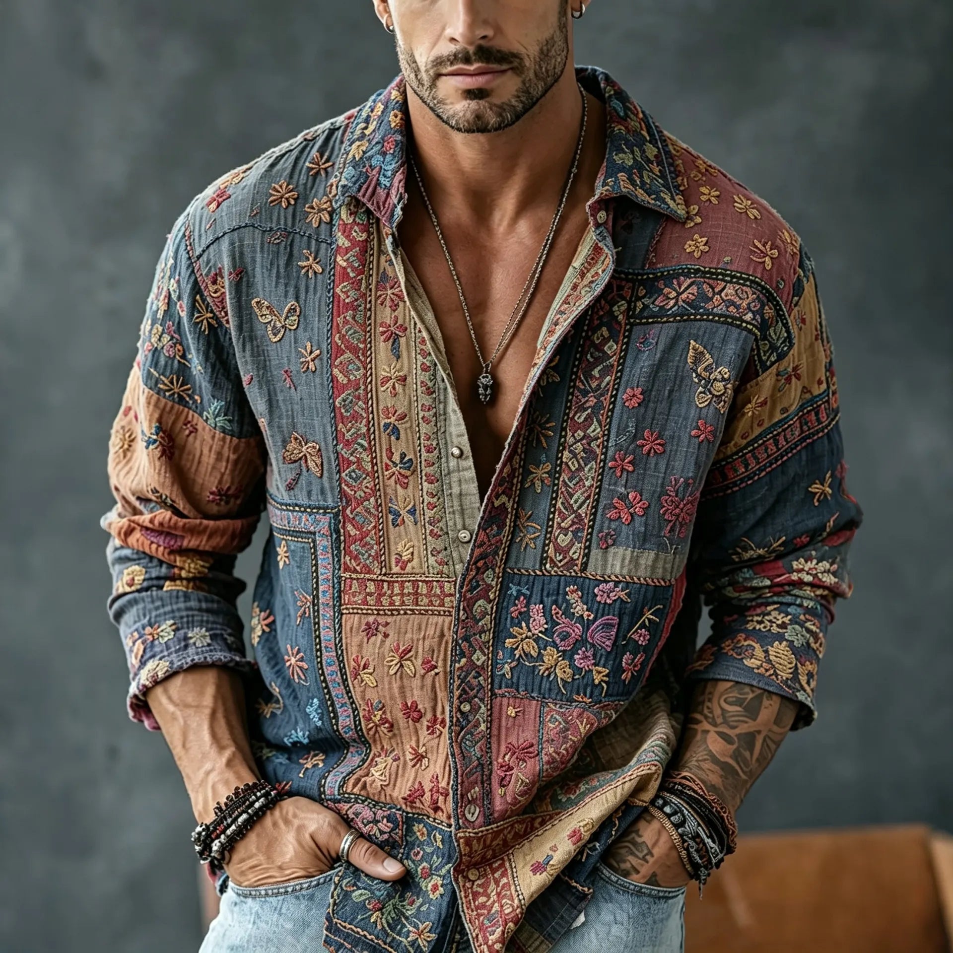 Men's Vintage Floral  Patchwork Embroidered Art Print Flowy Linen Blend Casual Shirt