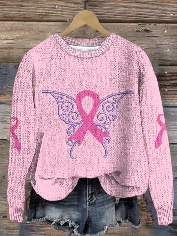 Women's Breast Cancer Ribbon Embroidered Casual Crew Neck Sweater