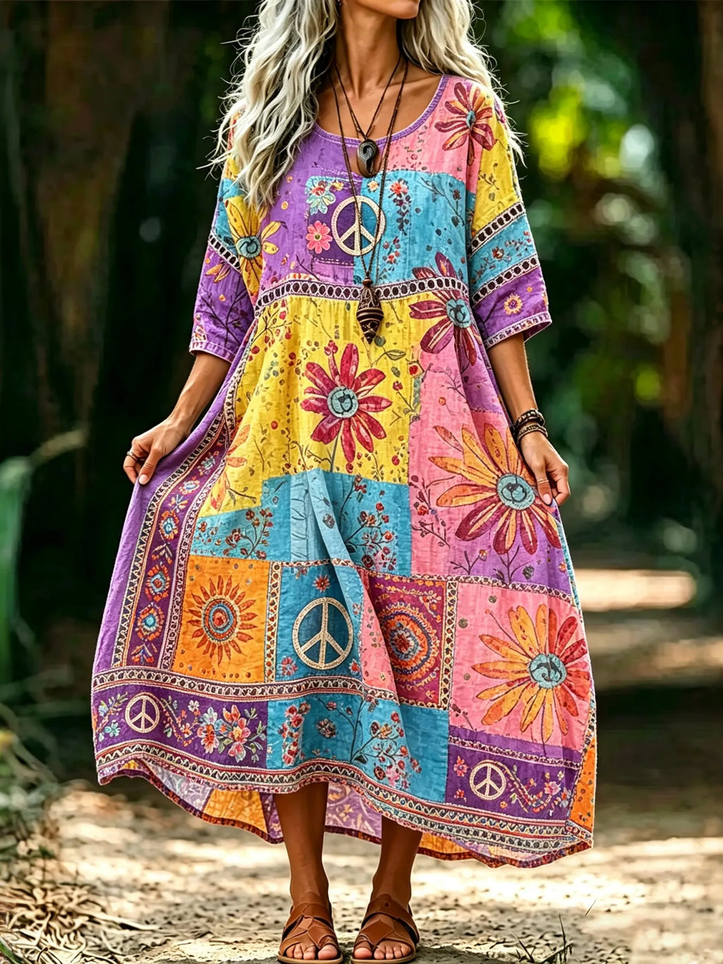 Women's Hippie Retro Floral Vacation Color-blocked Dress
