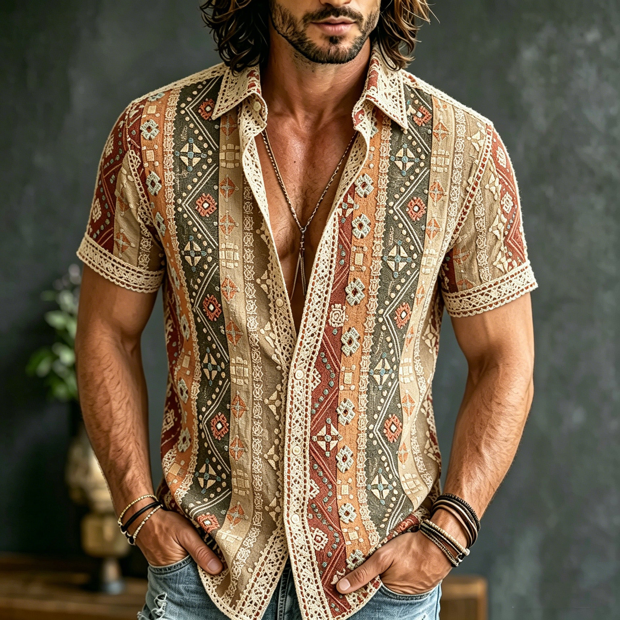 Men's Vacation Hippie Embroidered Print Short-sleeved Shirt