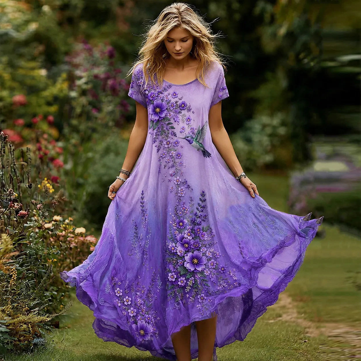 Women's Purple Floral Hummingbird Print Alzheimer's Disease Care Casual  Dress