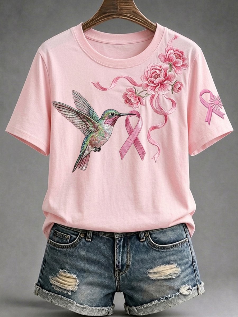 Women's Breast Cancer Awareness Floral Art Short-Sleeve T-Shirt