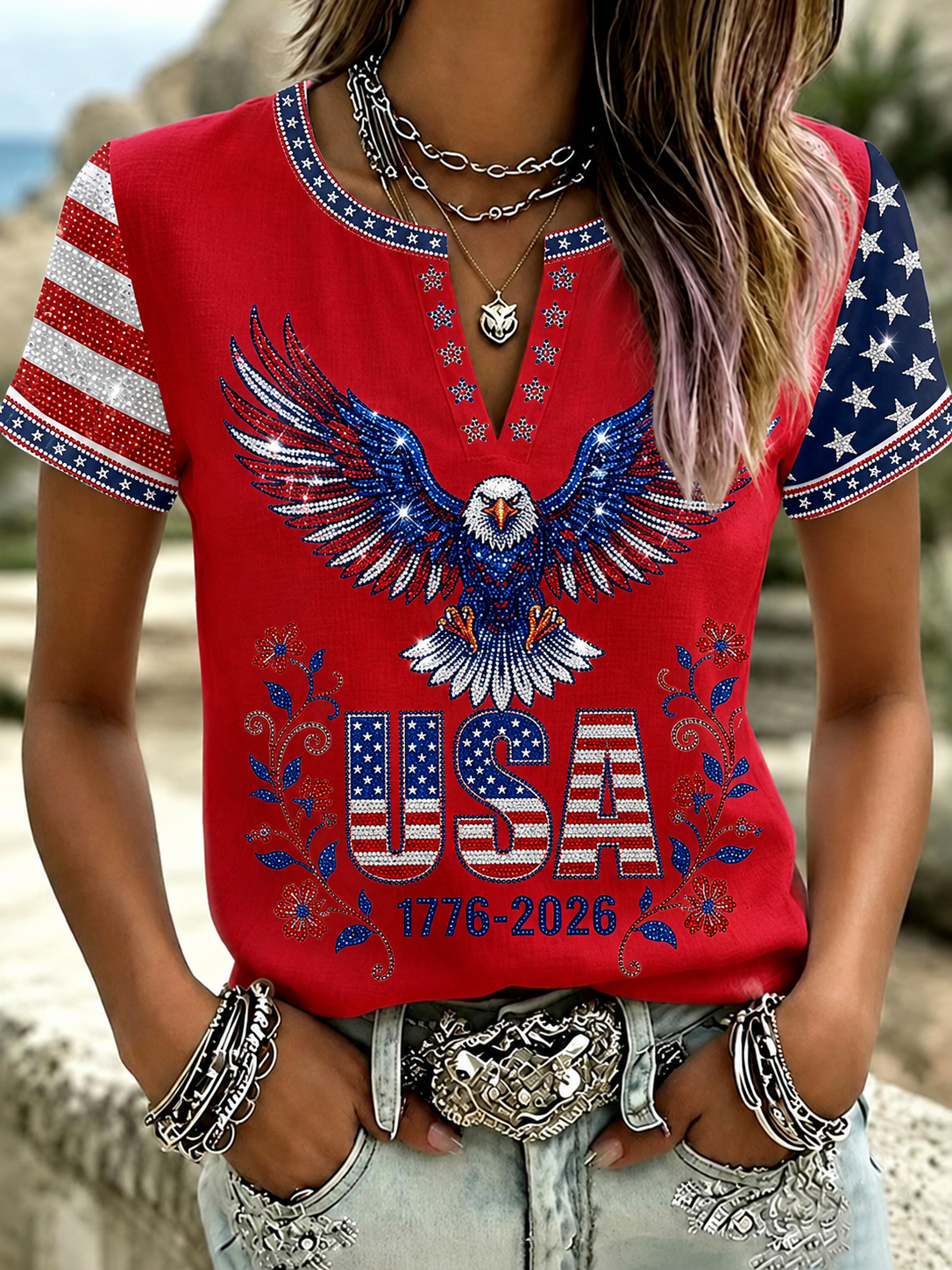 Women'S Casual Cotton Linen American Independence Day Floral Art Printed Short Sleeved T-Shirt