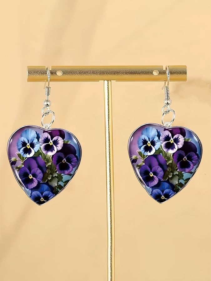 Purple Heart Pansy Design Earrings