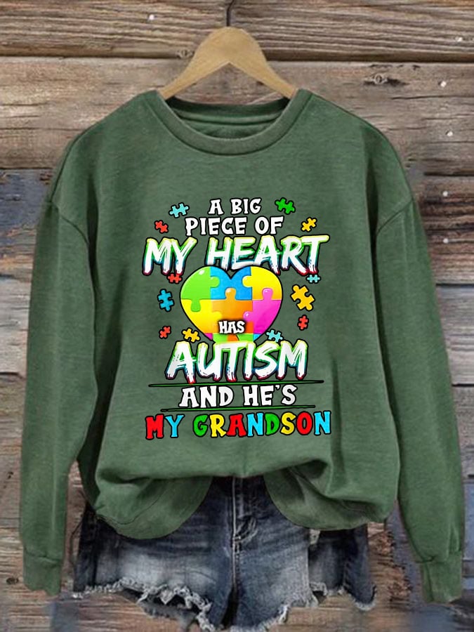 Retro A Big Piece Of My Heart Has Autism And He's My Grandson Print Sweatshirt