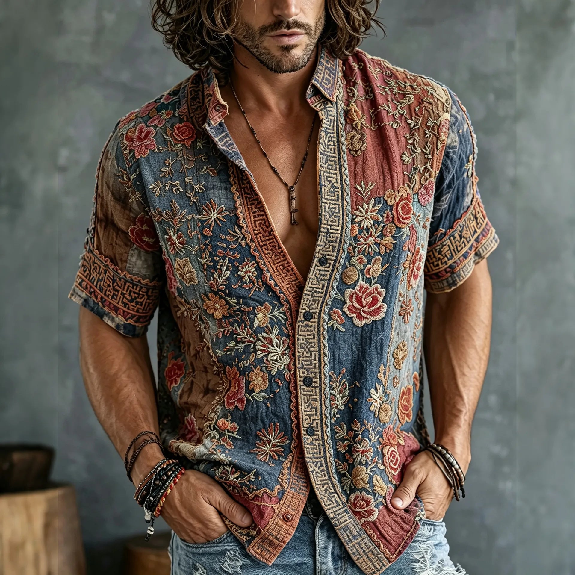 Men's Vintage Floral Patchwork Embroidered Art Print Flowy Linen Blend Casual Shirts
