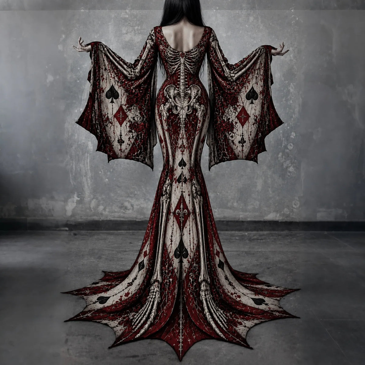 Women's Gothic Skeleton With Poker Batwing Flare Sleeve Round Neck Bodycon Maxi Dress – Halloween Costume