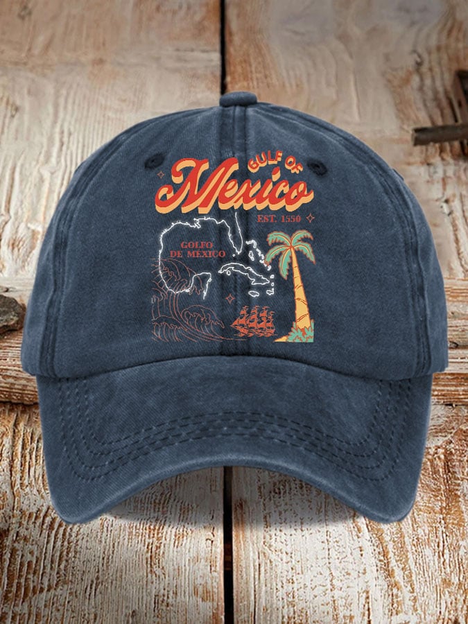 Retro Gulf Of Mexico Est.1550 Print Baseball Cap