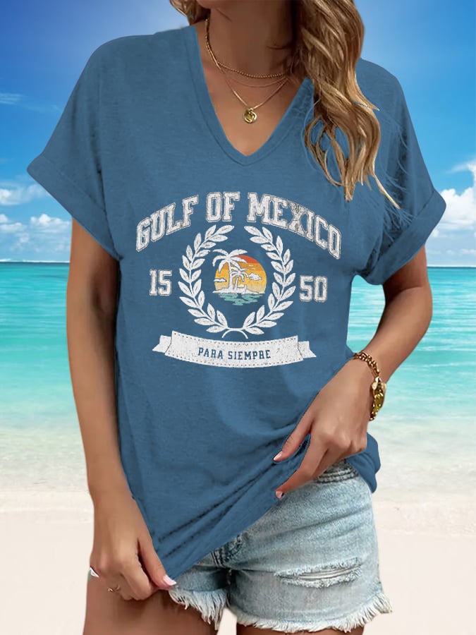 Retro Women's Gulf Of Mexico Print V-Neck Short Sleeve T-Shirt