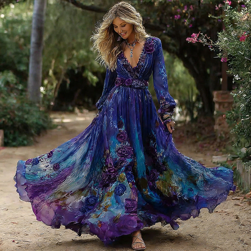 Women's Vintage Rose Floral Gradient Pattern V-neck Long-sleeved Dress