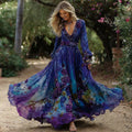 Women's Vintage Rose Floral Gradient Pattern V-neck Long-sleeved Dress