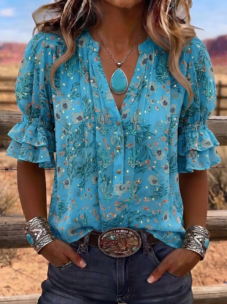 Women's Western Vintage Cactus Floral Printed Blouse