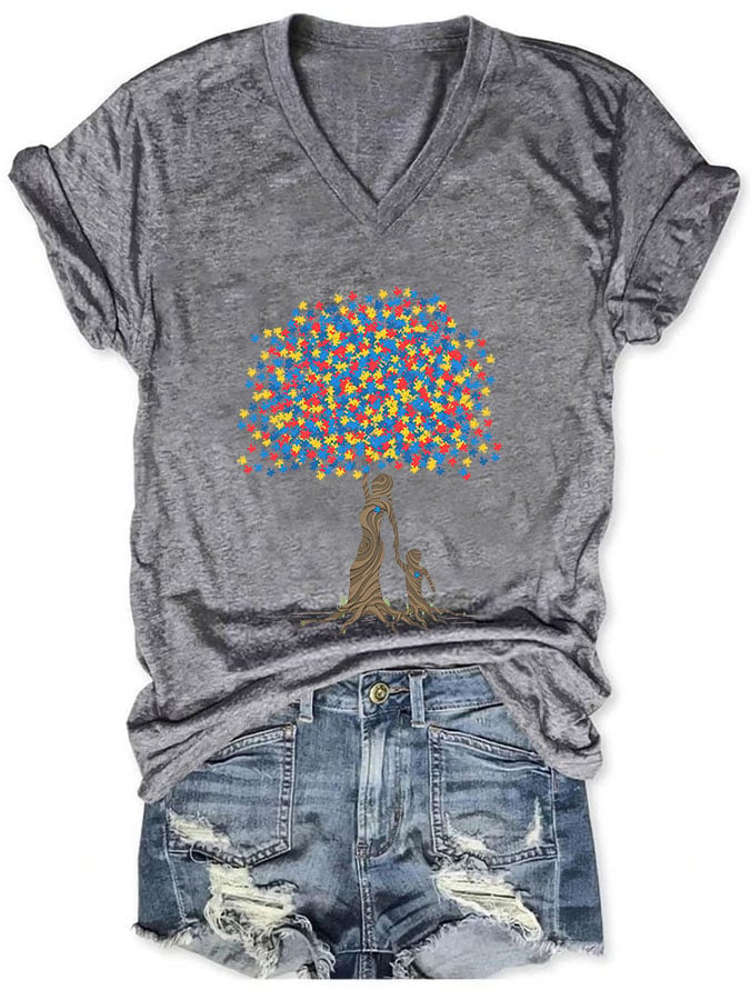 Women's Casual Autism Awareness Printed Short Sleeve T-Shirt