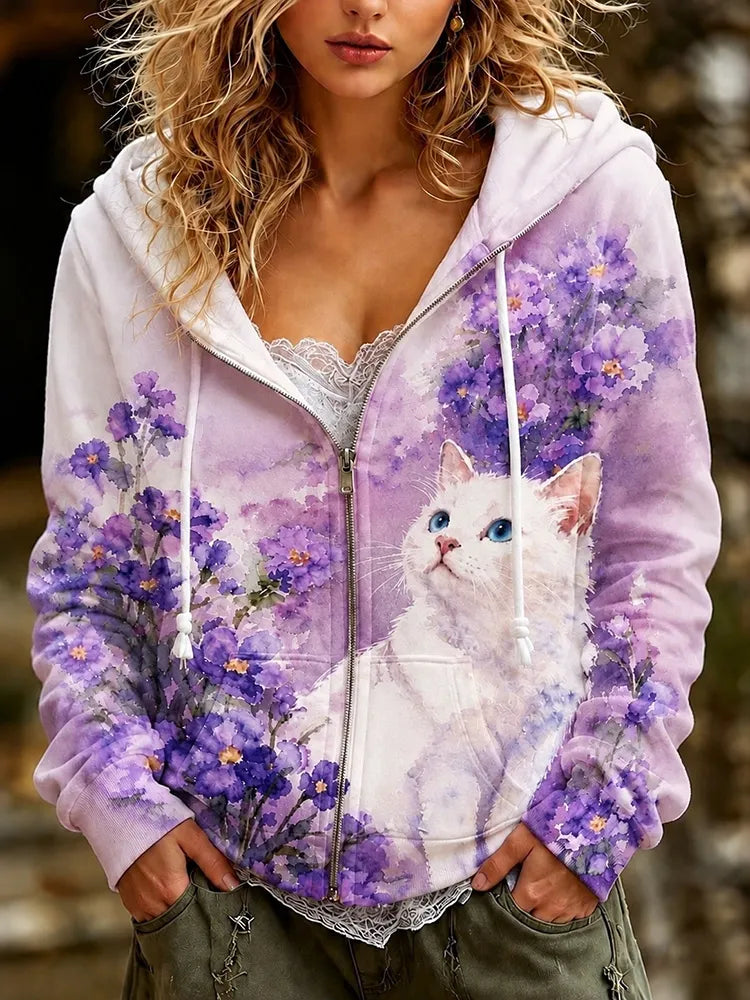 Women's Cute Cat And Floral Gradient Print Casual Zip Up Hoodie