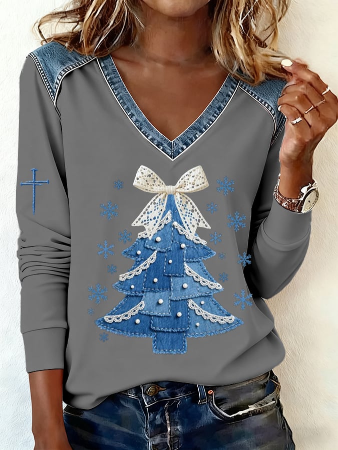 Women's Casual Denim Christmas Tree Print V Neck Sweatshirt