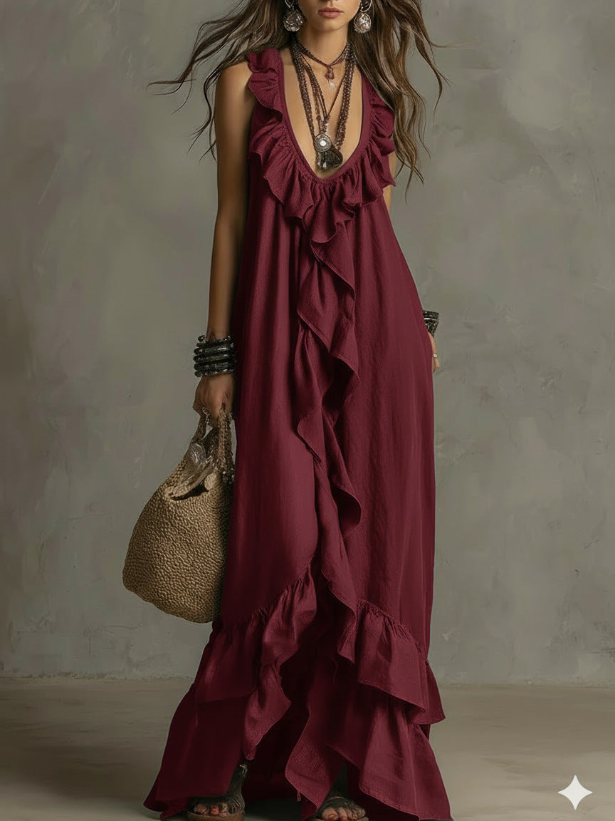 Elegant Bohemian V Neck Ruffle Maxi Dress