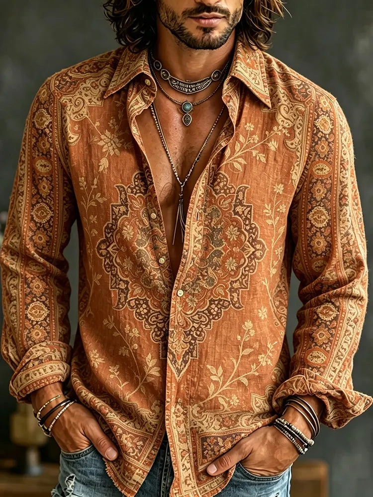 Men's Vintage Ethnic Geometry And Floral Print Flowy Linen Blend Casual Shirt