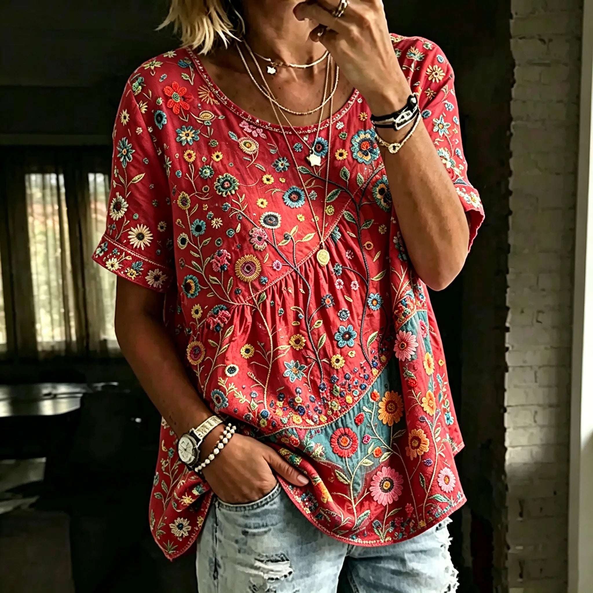 Women's Retro Bohemian Hippie Style Floral Embroidered Print Top