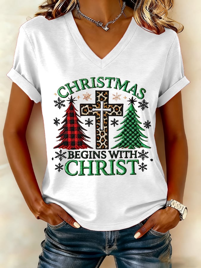 Women's Christmas Cross Print V-Neck T-Shirt