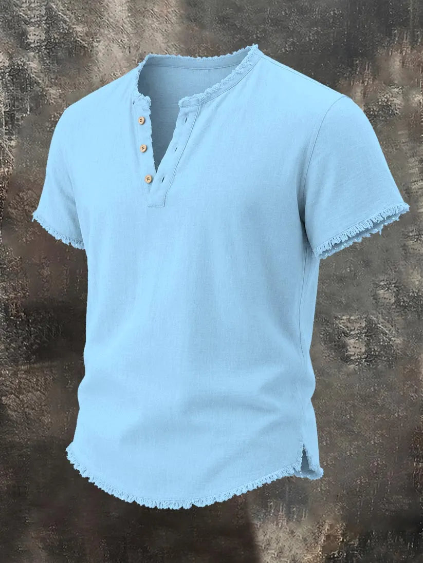 Men's Raw-Edge Cotton-Linen Henley Top
