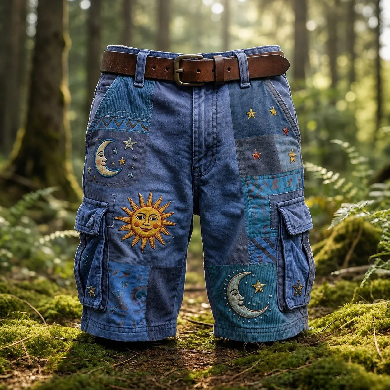 Men's Patchwork Sun Moon Star Boho Art Print Denim-like Cargo Shorts(no Belt)