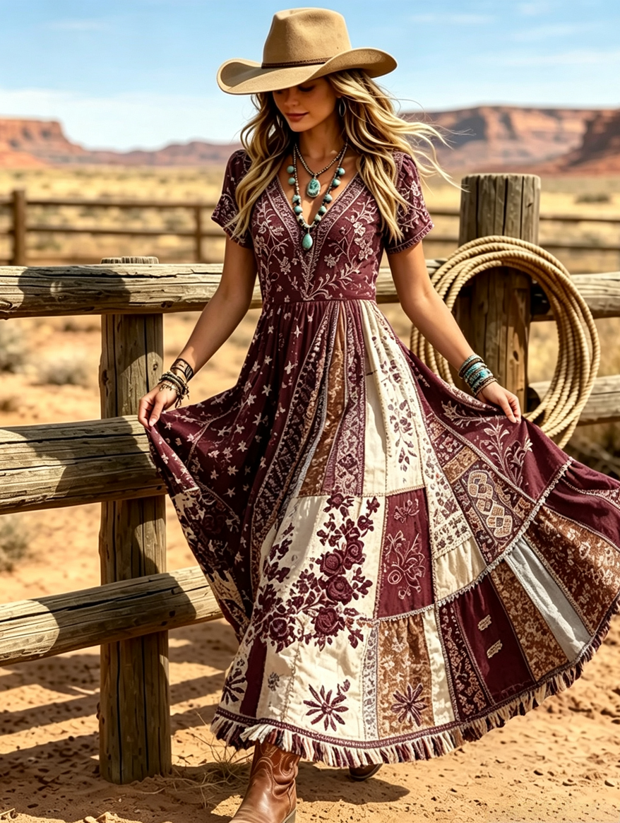 Women's Western Vintage Linen-Blend Maxi Dress