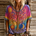 Women's Vintage Tree Of Life Sun Moon Gradient Art Casual Linen Top