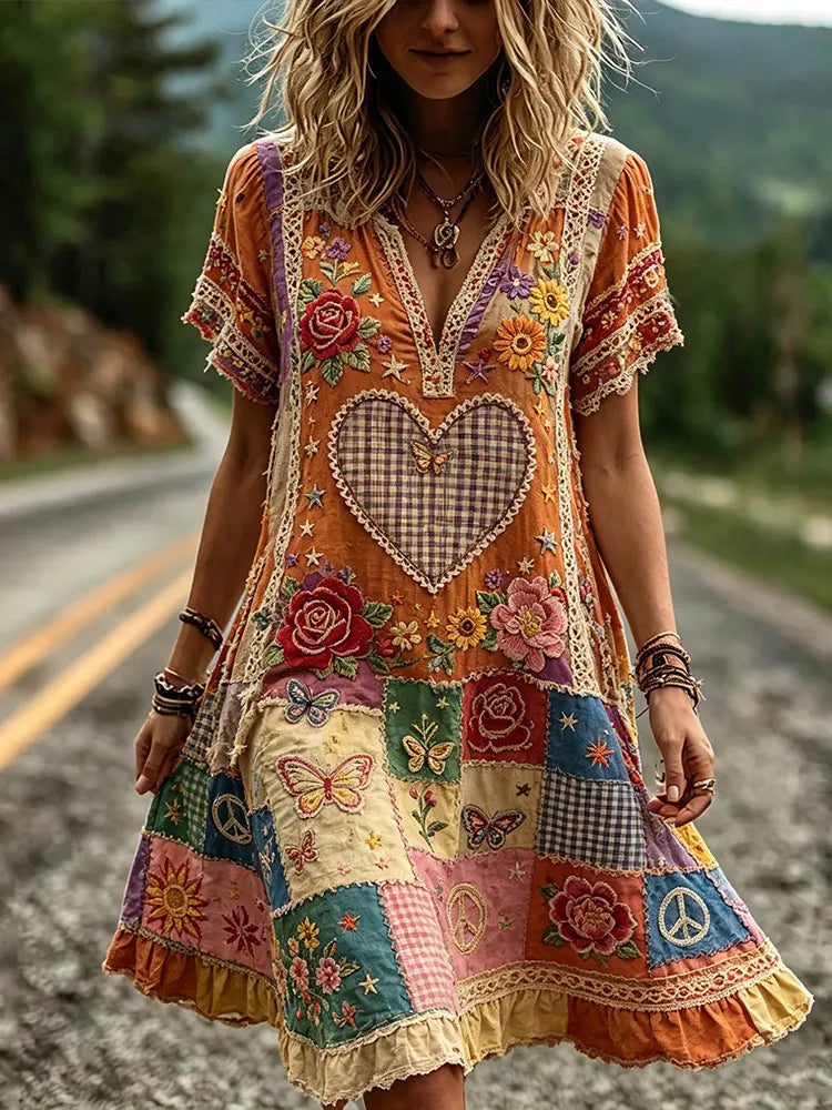 Women's Hippie Heart And Floral Lace Art Patchwork Cotton Linen V-neck Short Sleeve Dress