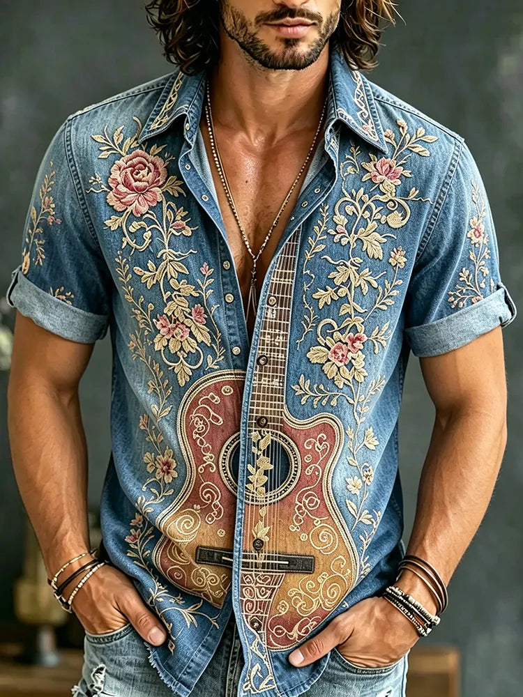 Men's Retro Bohemian Hippie Floral With Guitar Embroidery Patterns Short-sleeve Shirt